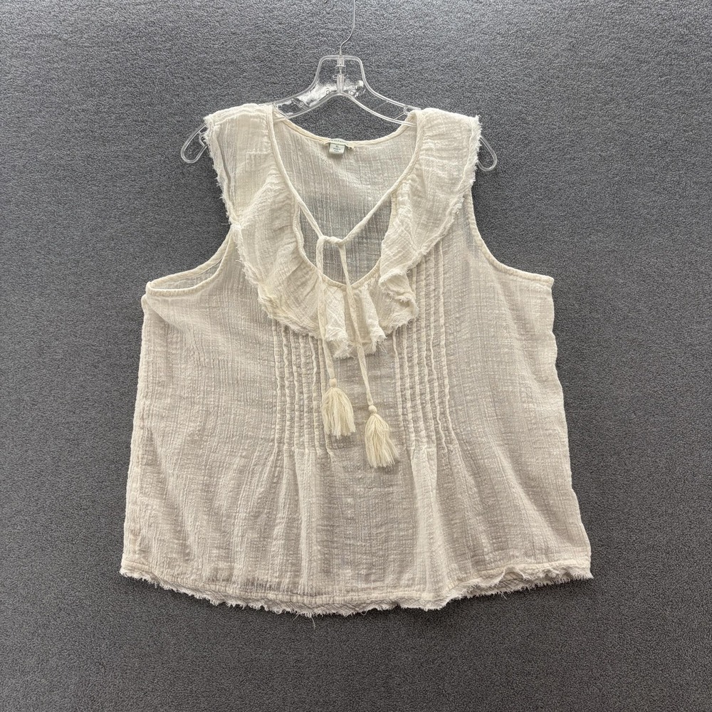 Sundance Top Womens XL Cream Gauze Ruffle Tie Neck Boho Sleeveless Peasant Tank
